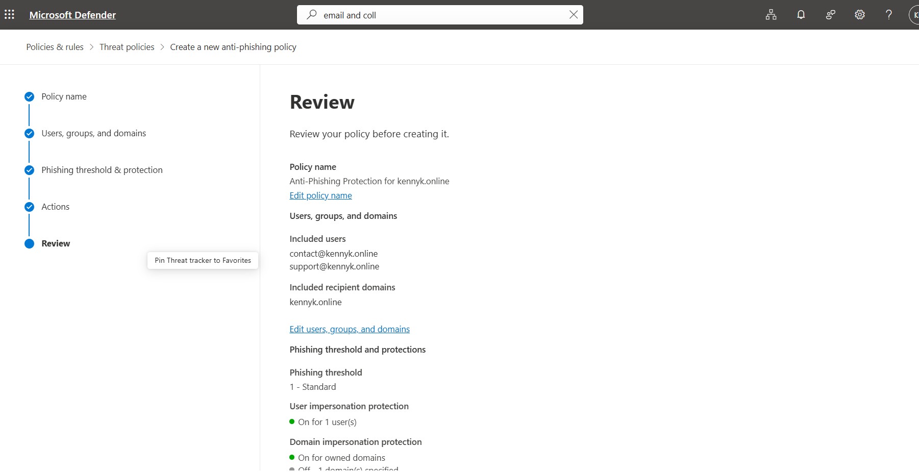 Defender Anti-Phishing Policy